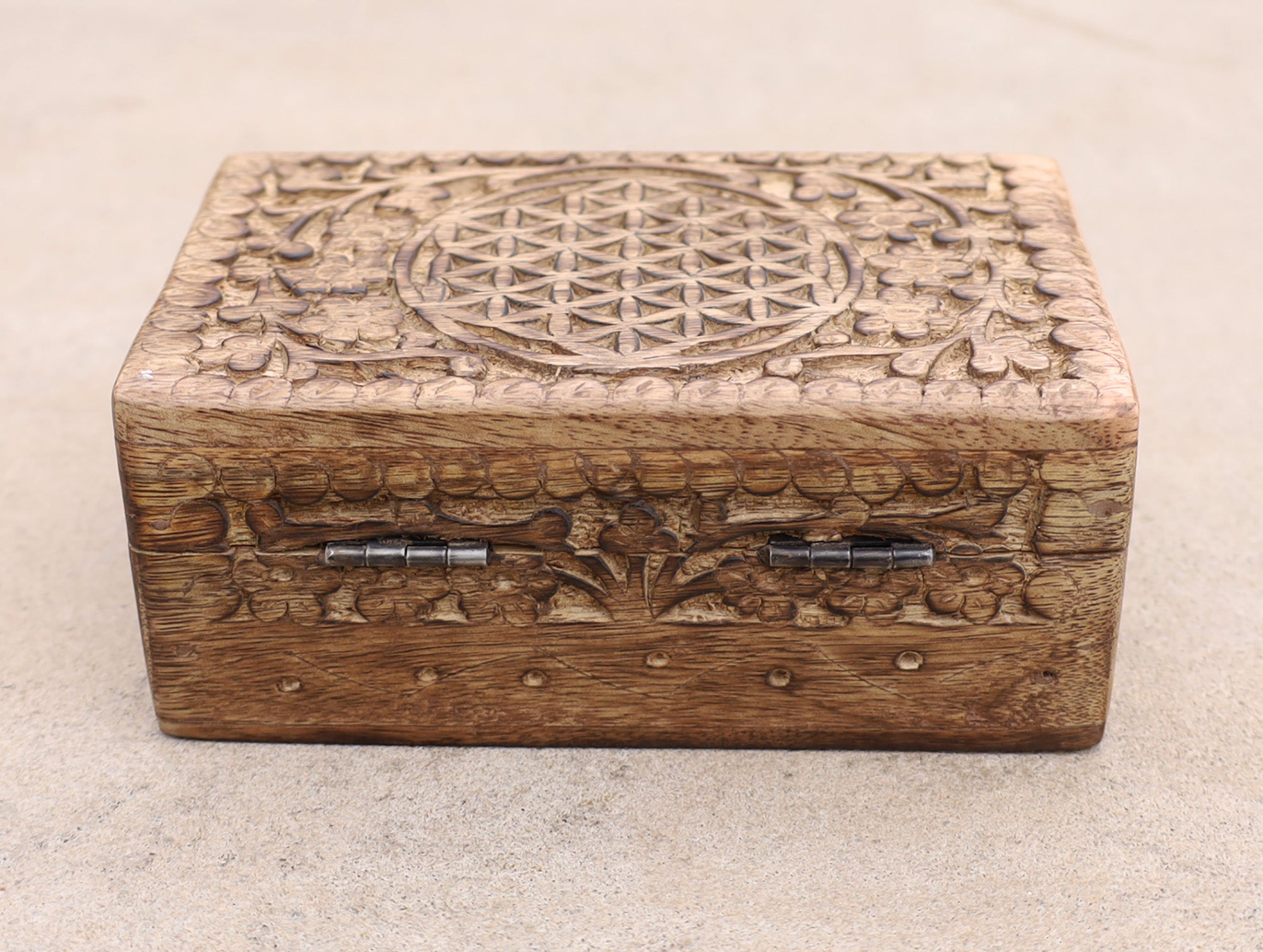 Hand Carved Jewelry Trinket Keepsake Wooden Storage Box (Medium, Flower of Life) - DharmaObjects