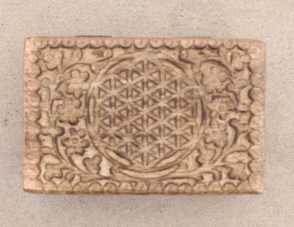 Hand Carved Jewelry Trinket Keepsake Wooden Storage Box (Medium, Flower of Life) - DharmaObjects