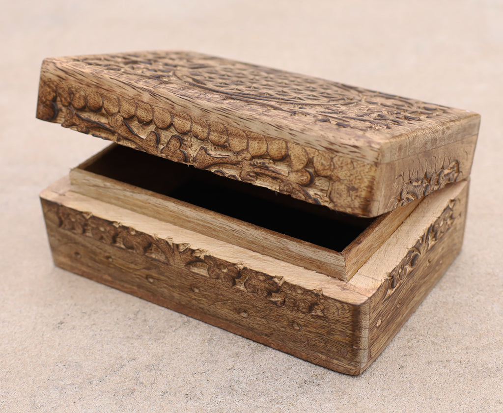 Hand Carved Jewelry Trinket Keepsake Wooden Storage Box (Medium, Flower of Life) - DharmaObjects