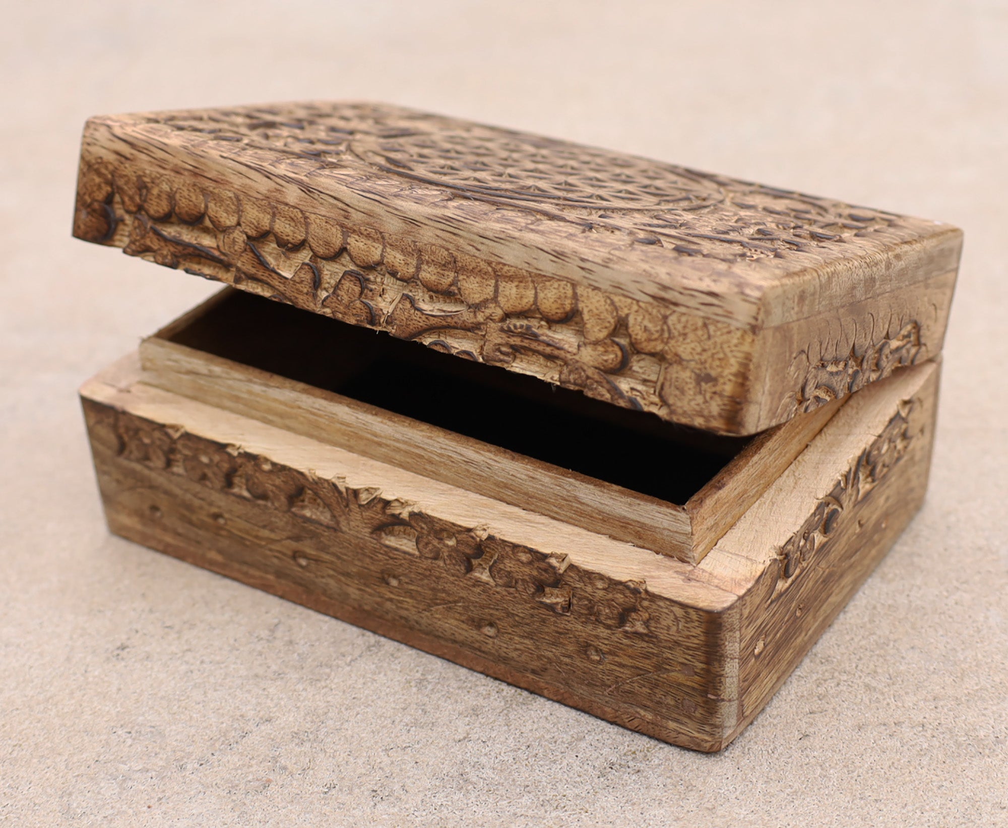 Hand Carved Jewelry Trinket Keepsake Wooden Storage Box (Medium, Flower of Life) - DharmaObjects
