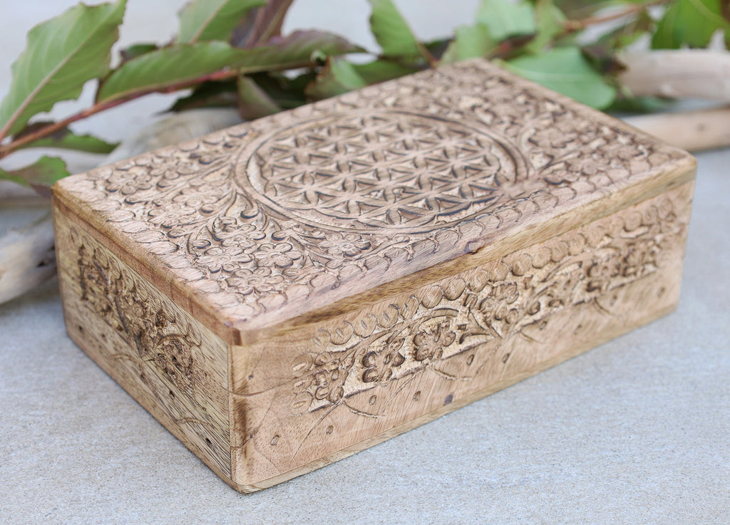 Hand Carved Jewelry Trinket Keepsake Wooden Storage Box (Large, Flower of Life) - DharmaObjects