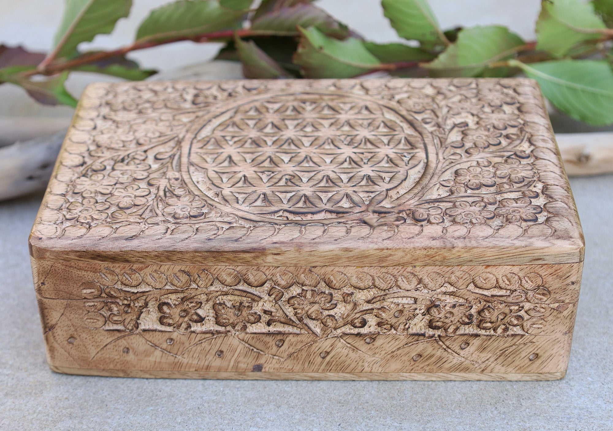 Hand Carved Jewelry Trinket Keepsake Wooden Storage Box (Large, Flower of Life) - DharmaObjects