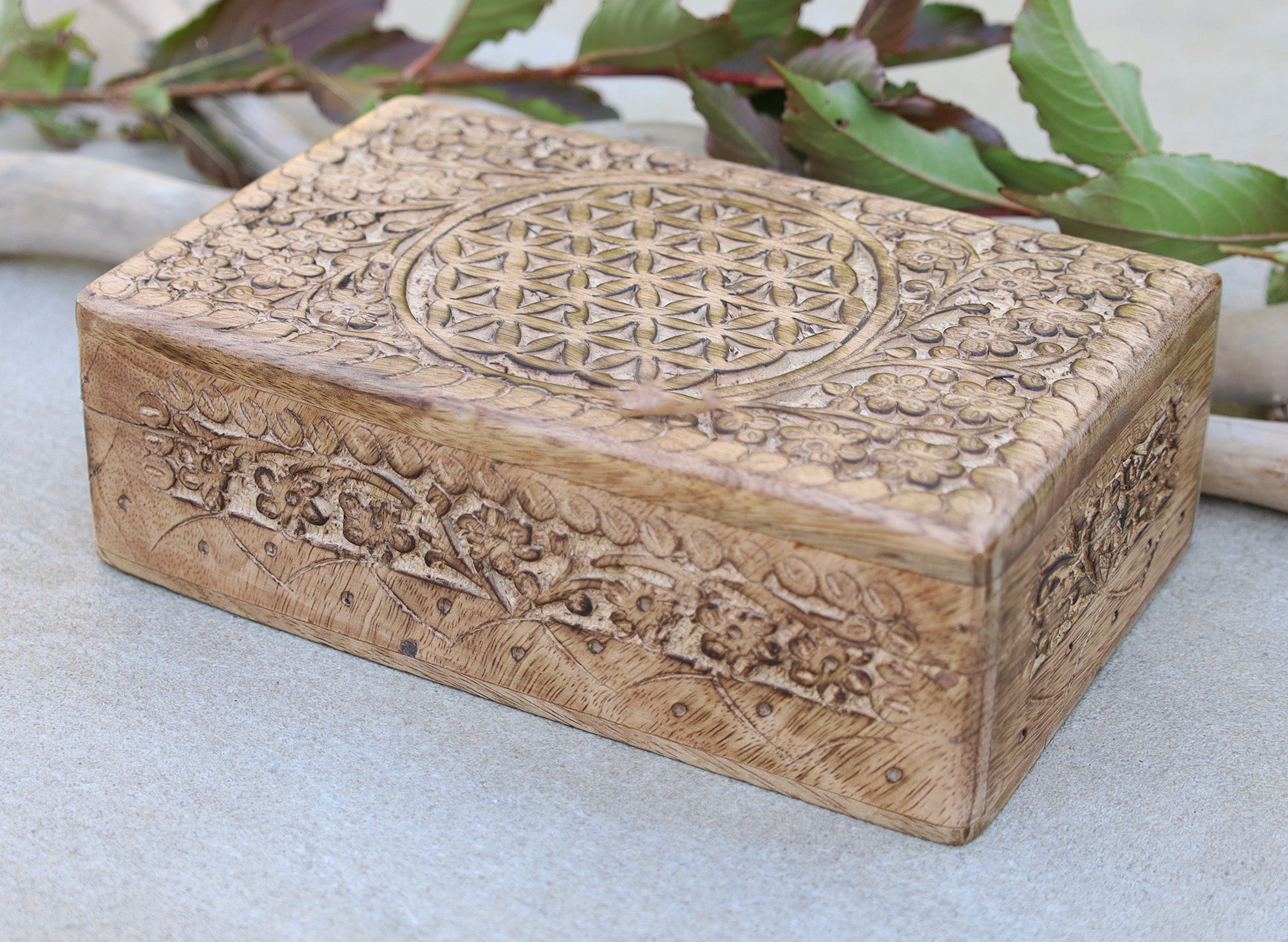 Hand Carved Jewelry Trinket Keepsake Wooden Storage Box (Large, Flower of Life) - DharmaObjects