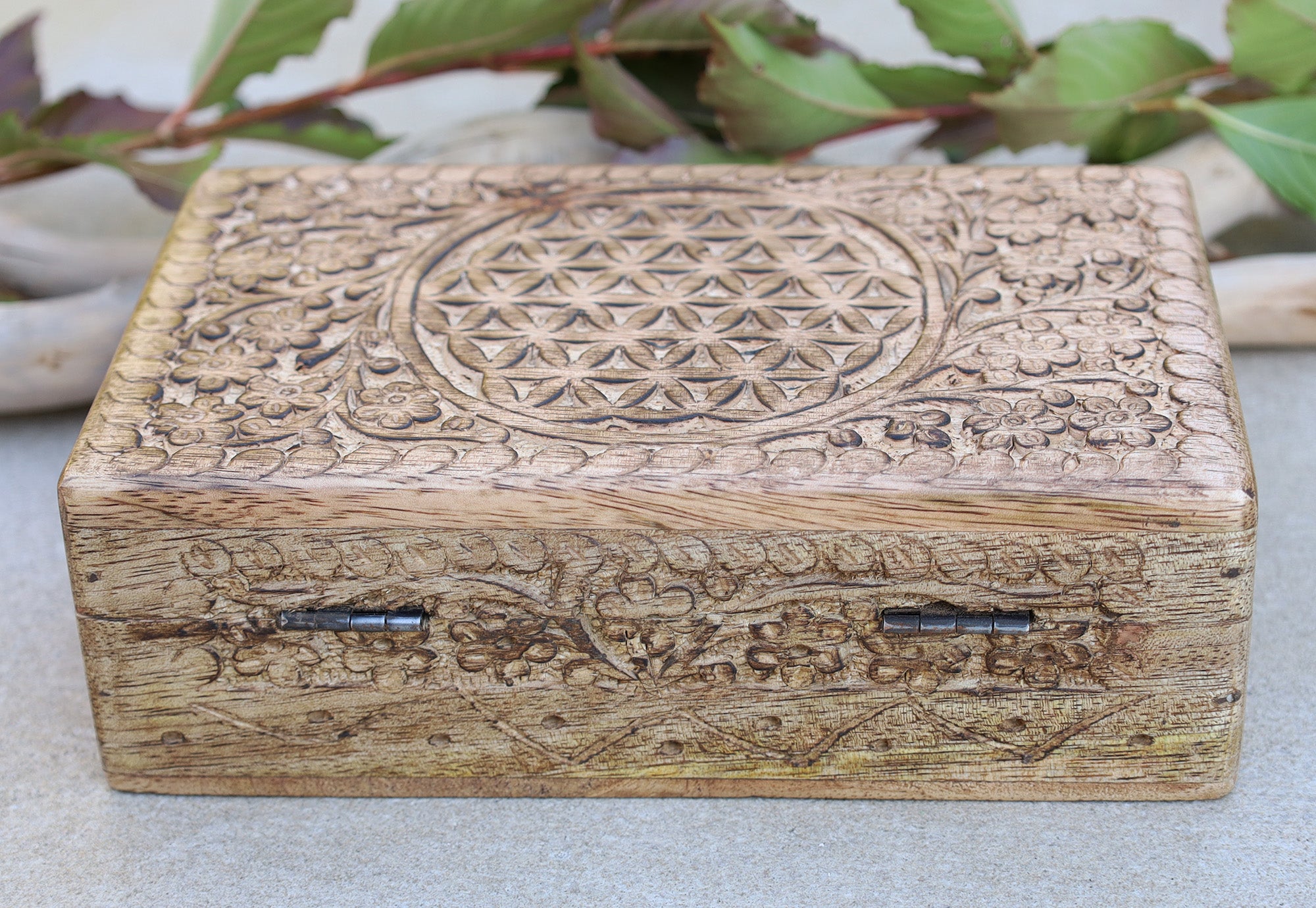 Hand Carved Jewelry Trinket Keepsake Wooden Storage Box (Large, Flower of Life) - DharmaObjects