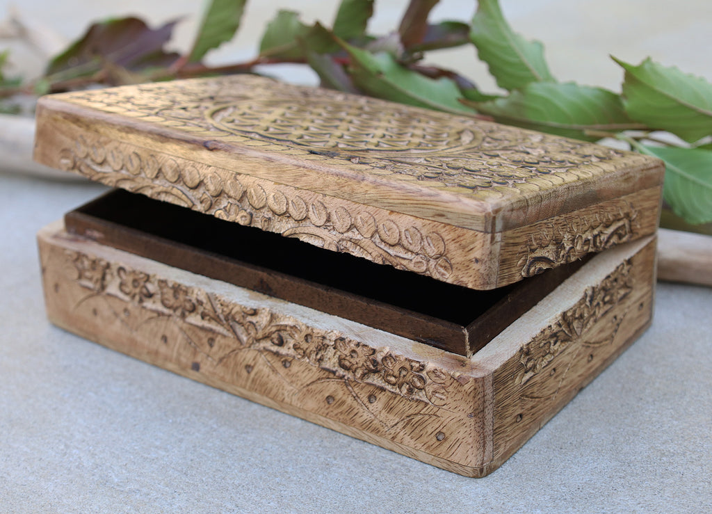 Hand Carved Jewelry Trinket Keepsake Wooden Storage Box (Large, Flower of Life) - DharmaObjects