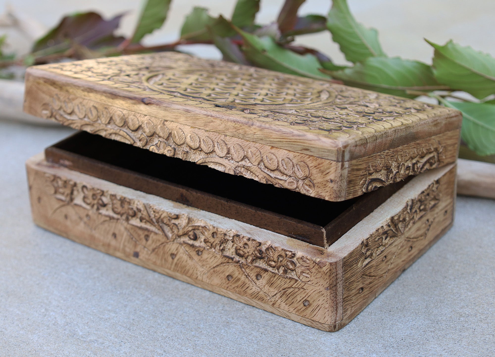 Hand Carved Jewelry Trinket Keepsake Wooden Storage Box (Large, Flower of Life) - DharmaObjects