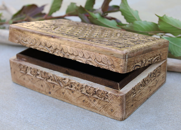 Hand Carved Jewelry Trinket Keepsake Wooden Storage Box (Large, Flower of Life)