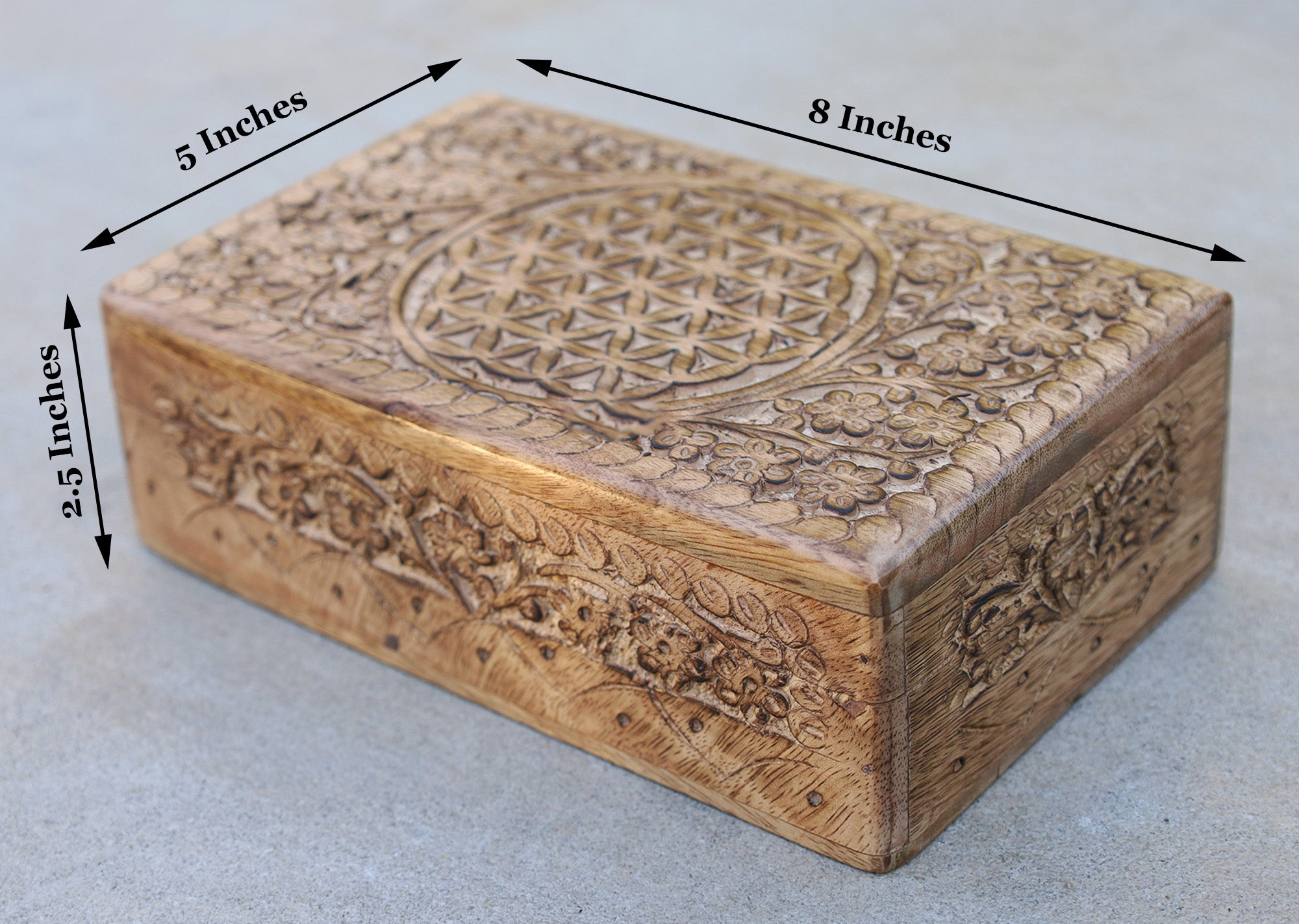 Hand Carved Jewelry Trinket Keepsake Wooden Storage Box (Large, Flower of Life) - DharmaObjects