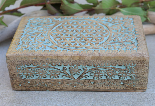 Hand Carved Jewelry Trinket Keepsake Wooden Storage Box (Large, Flower of Life)