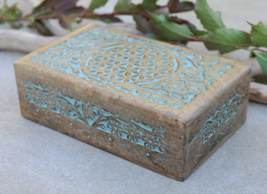 Hand Carved Jewelry Trinket Keepsake Wooden Storage Box (Large, Flower of Life) - DharmaObjects