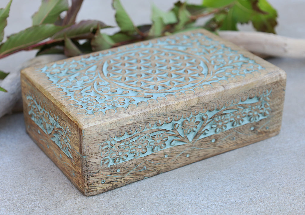 Hand Carved Jewelry Trinket Keepsake Wooden Storage Box (Large, Flower of Life) - DharmaObjects