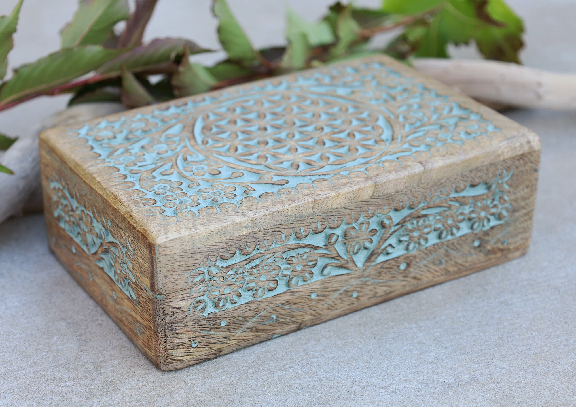Hand Carved Jewelry Trinket Keepsake Wooden Storage Box (Large, Flower of Life) - DharmaObjects