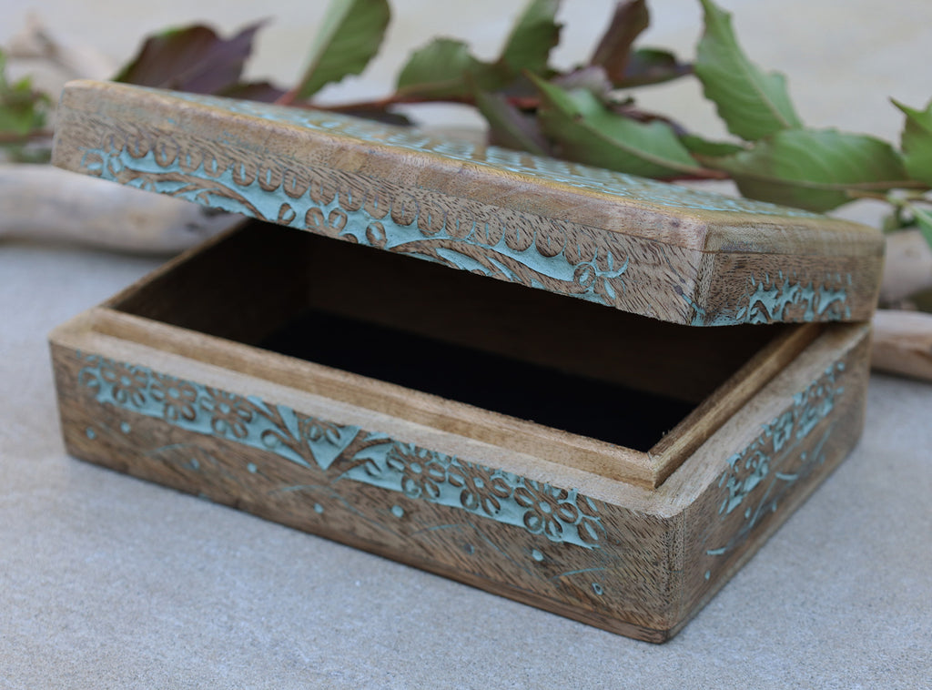 Hand Carved Jewelry Trinket Keepsake Wooden Storage Box (Large, Flower of Life) - DharmaObjects