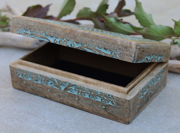 Hand Carved Jewelry Trinket Keepsake Wooden Storage Box (Large, Flower of Life)