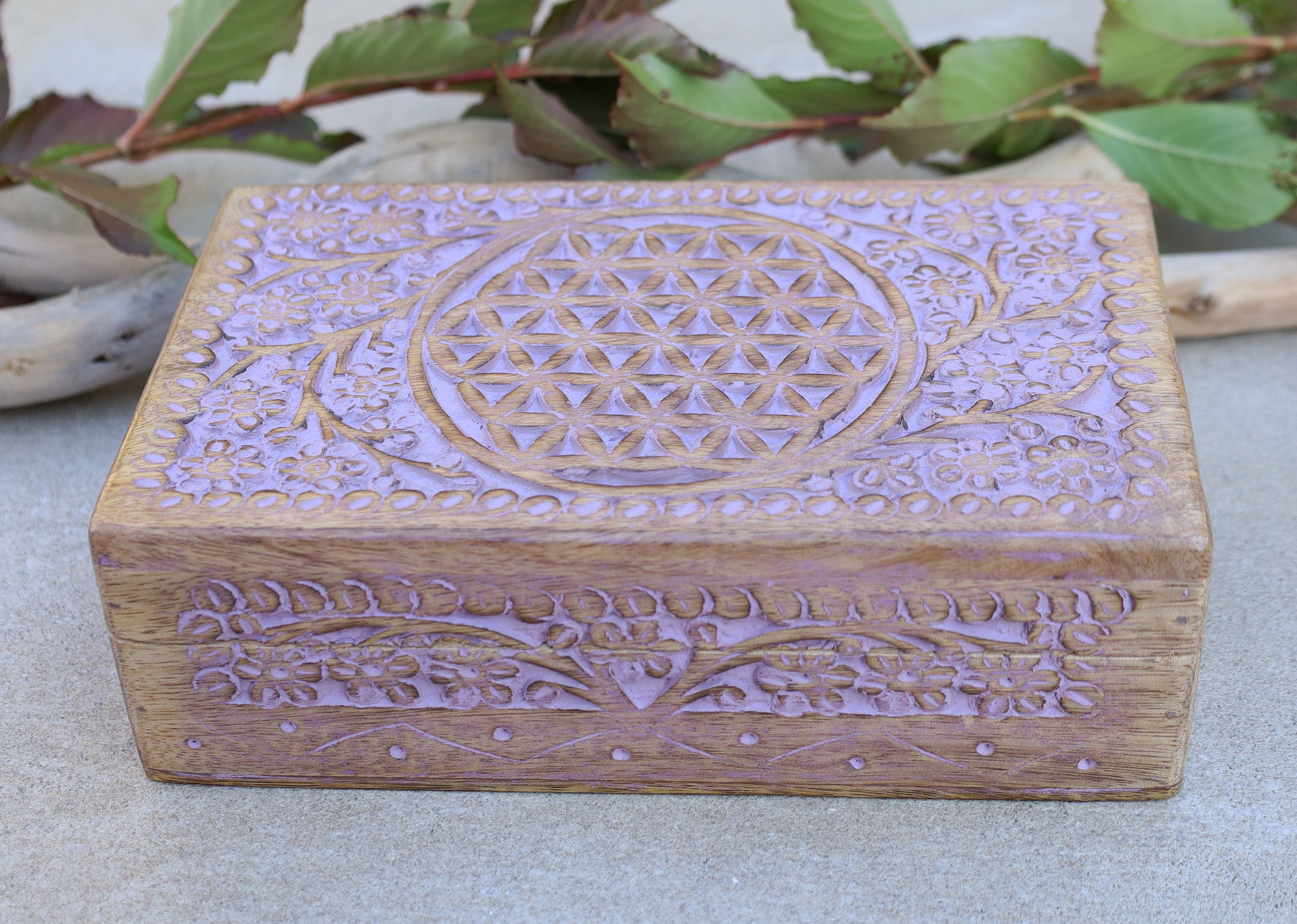Hand Carved Jewelry Trinket Keepsake Wooden Storage Box (Large, Flower of Life) - DharmaObjects