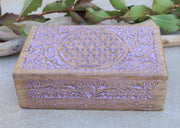Hand Carved Jewelry Trinket Keepsake Wooden Storage Box (Large, Flower of Life)