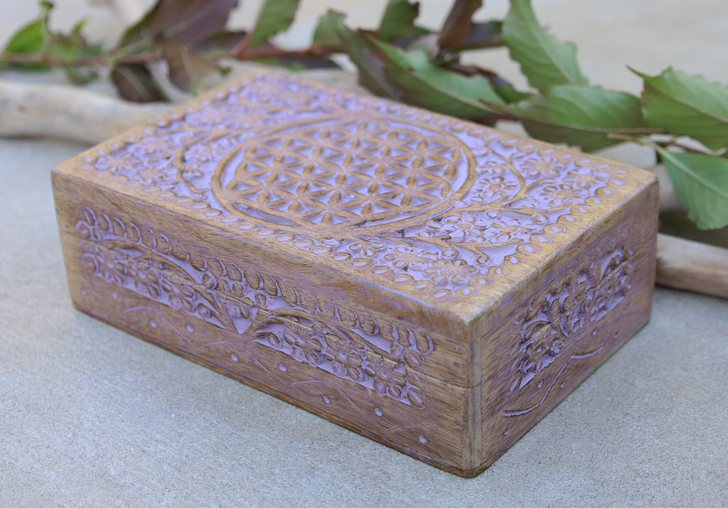 Hand Carved Jewelry Trinket Keepsake Wooden Storage Box (Large, Flower of Life) - DharmaObjects