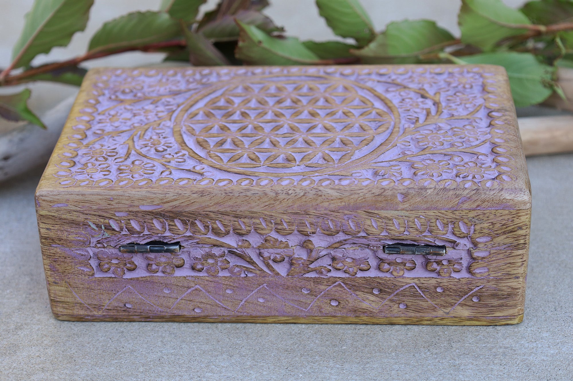 Hand Carved Jewelry Trinket Keepsake Wooden Storage Box (Large, Flower of Life) - DharmaObjects
