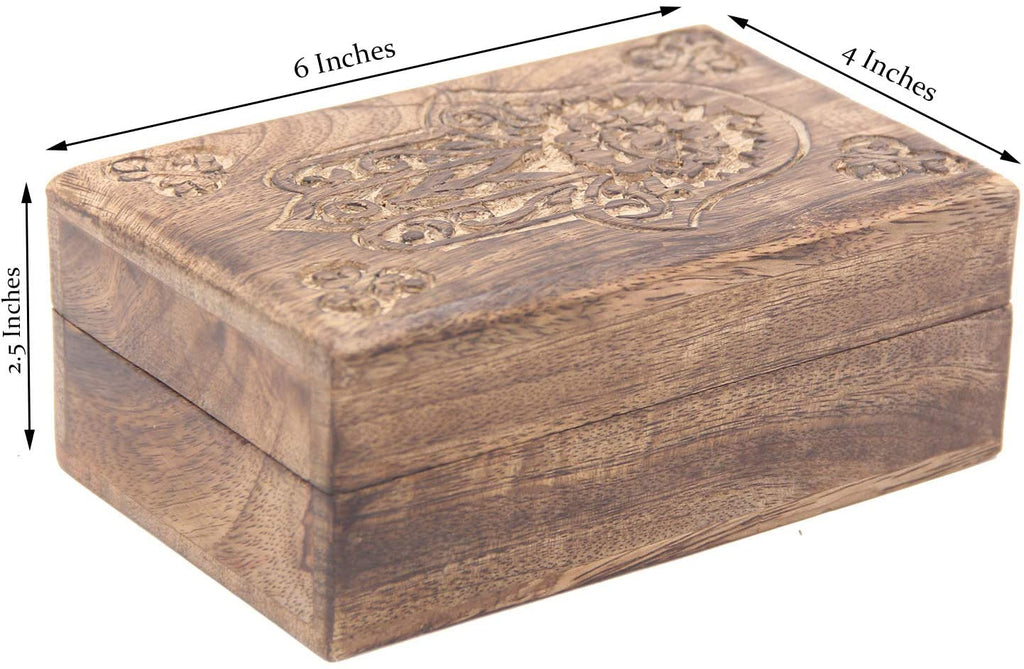Hamsa Hand of Fatima Hand Carved Jewelry Trinket Keepsake Wooden Storage Box - DharmaObjects
