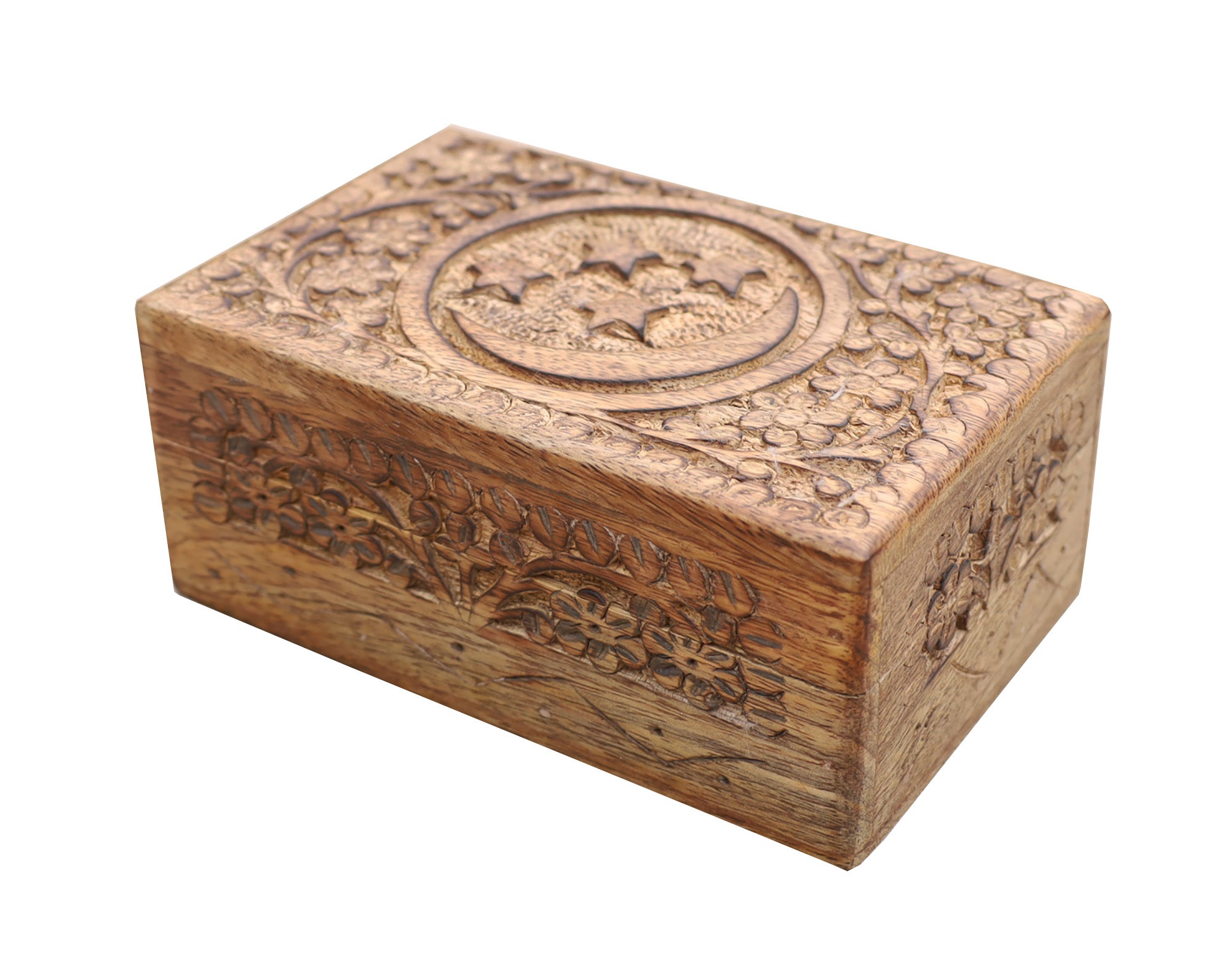 Celestial Moon and Stars Hand Carved Wooden Storage Keepsake Box - DharmaObjects