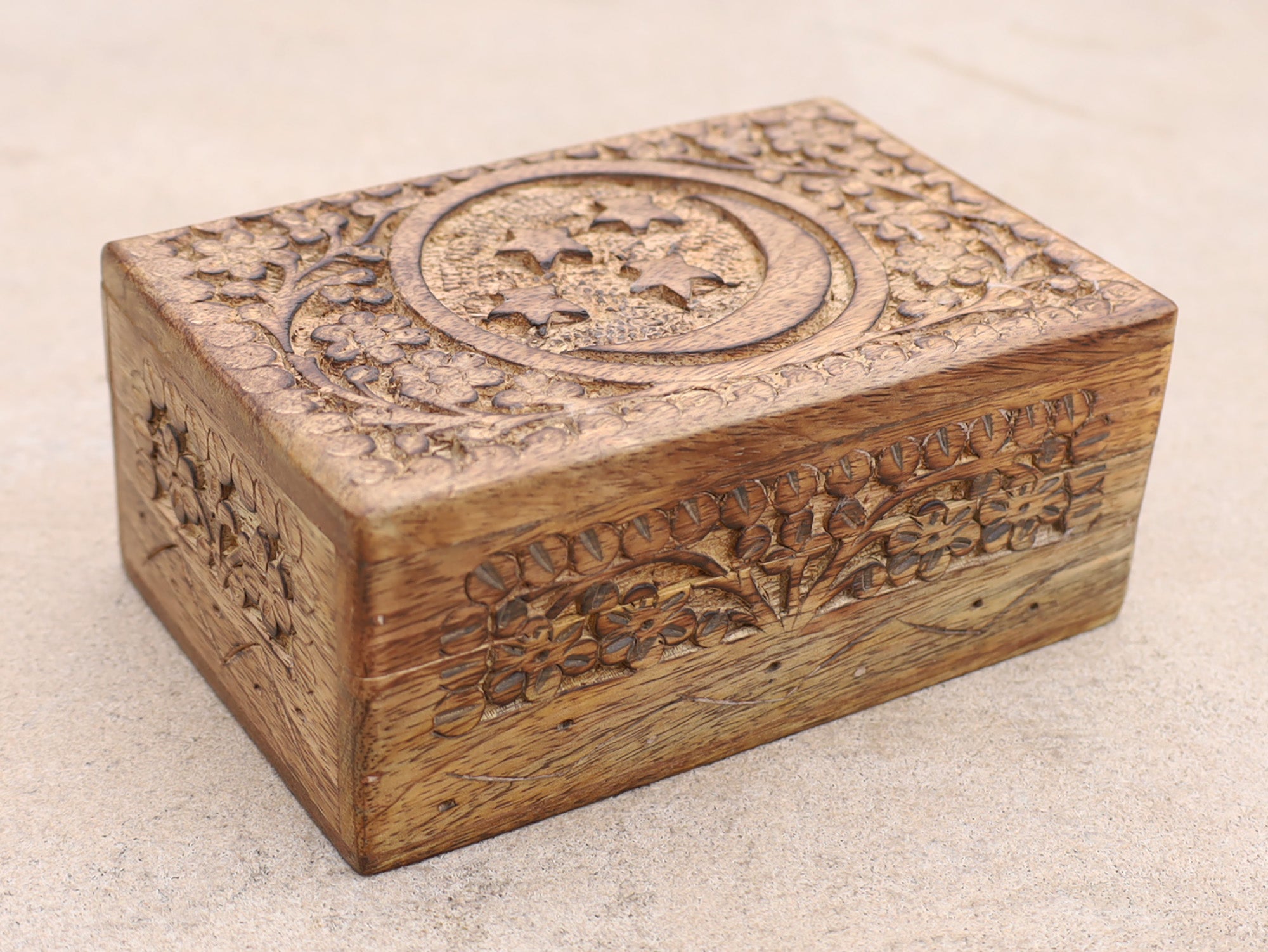 Celestial Moon and Stars Hand Carved Wooden Storage Keepsake Box - DharmaObjects
