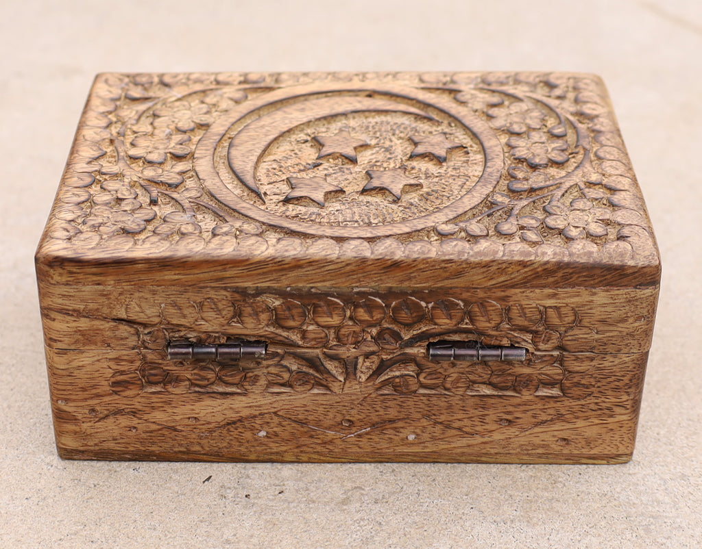 Celestial Moon and Stars Hand Carved Wooden Storage Keepsake Box - DharmaObjects