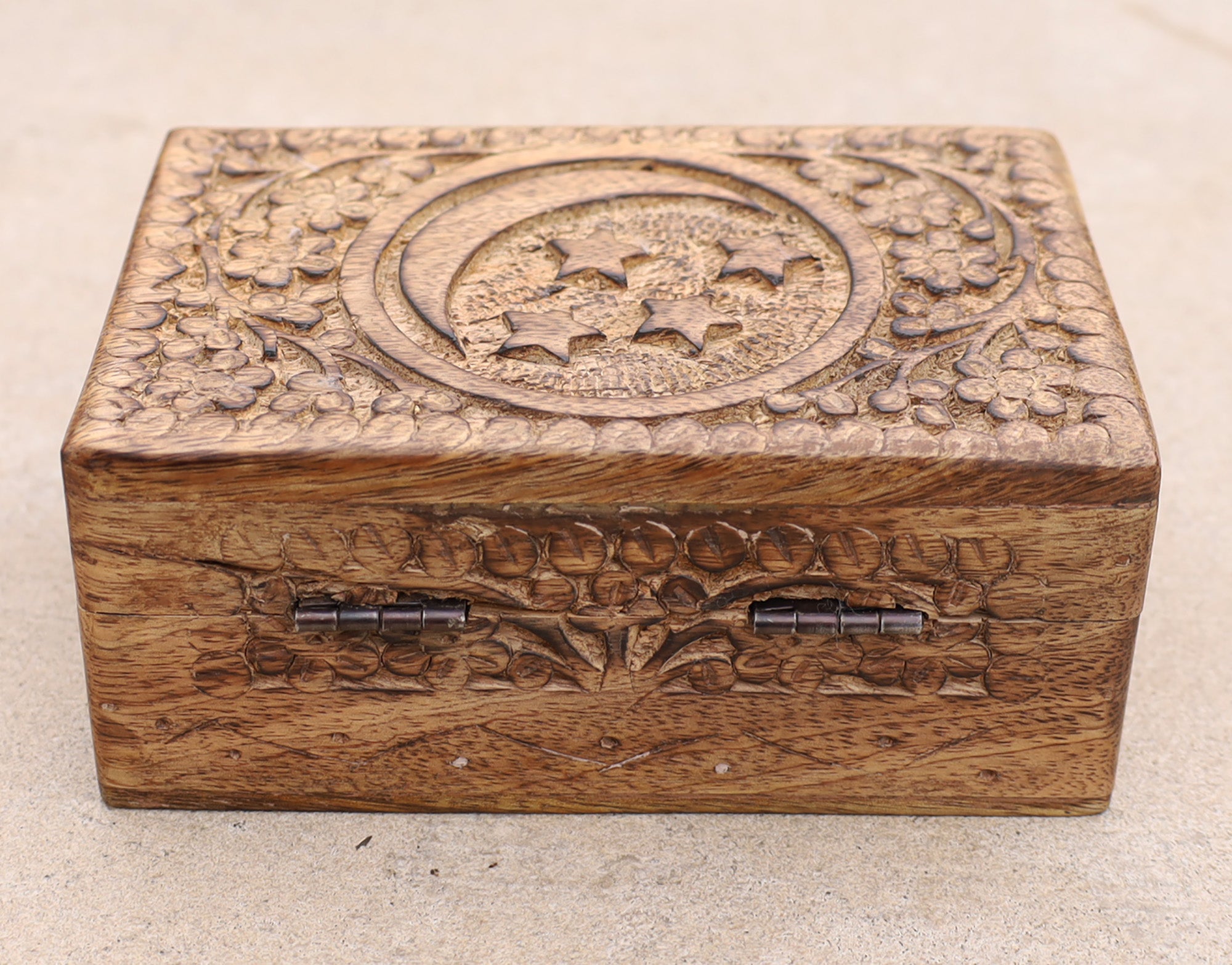 Celestial Moon and Stars Hand Carved Wooden Storage Keepsake Box - DharmaObjects
