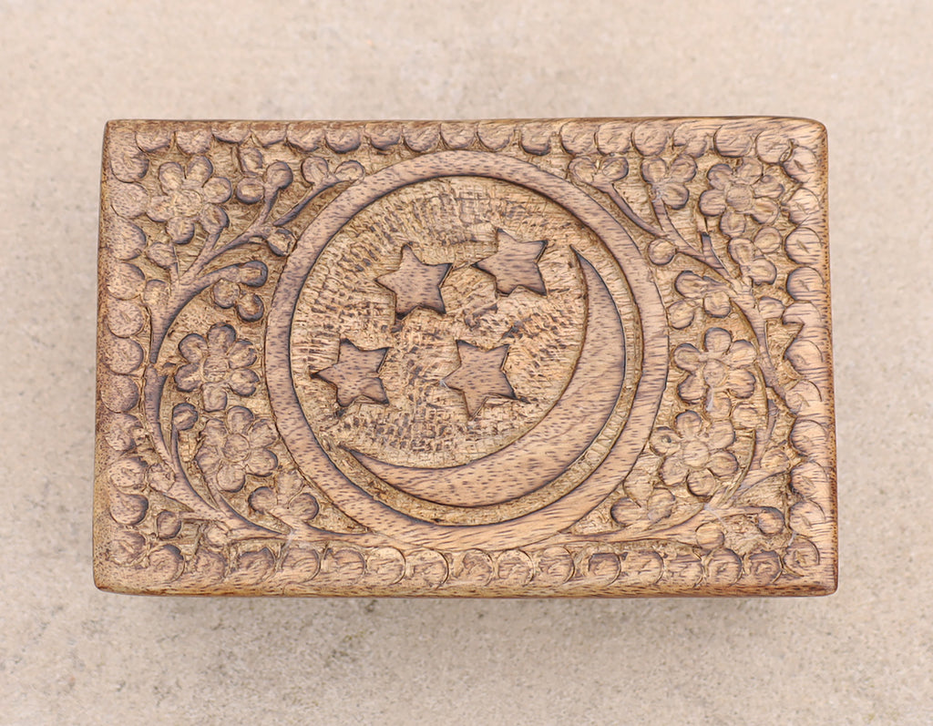 Celestial Moon and Stars Hand Carved Wooden Storage Keepsake Box - DharmaObjects