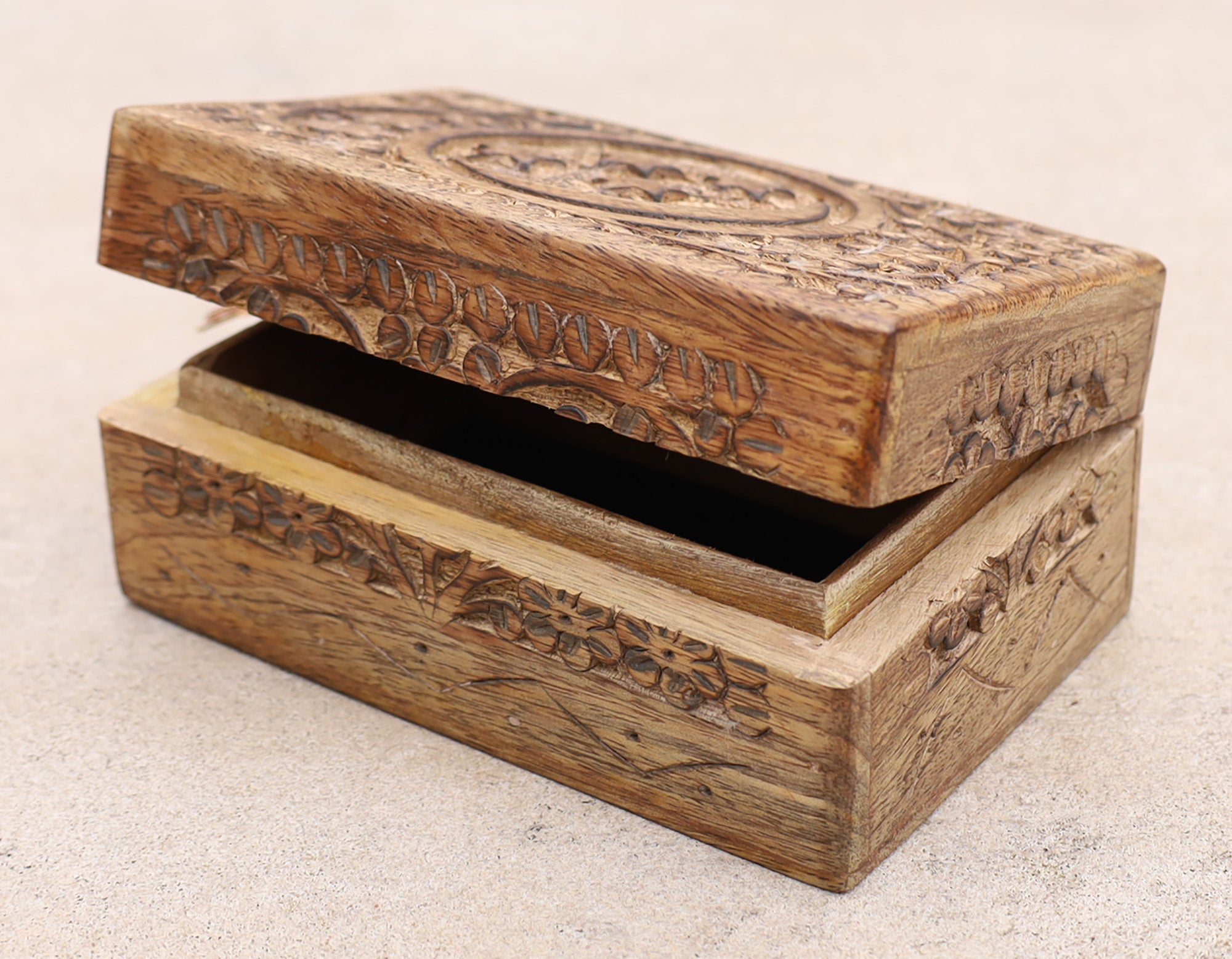 Celestial Moon and Stars Hand Carved Wooden Storage Keepsake Box - DharmaObjects