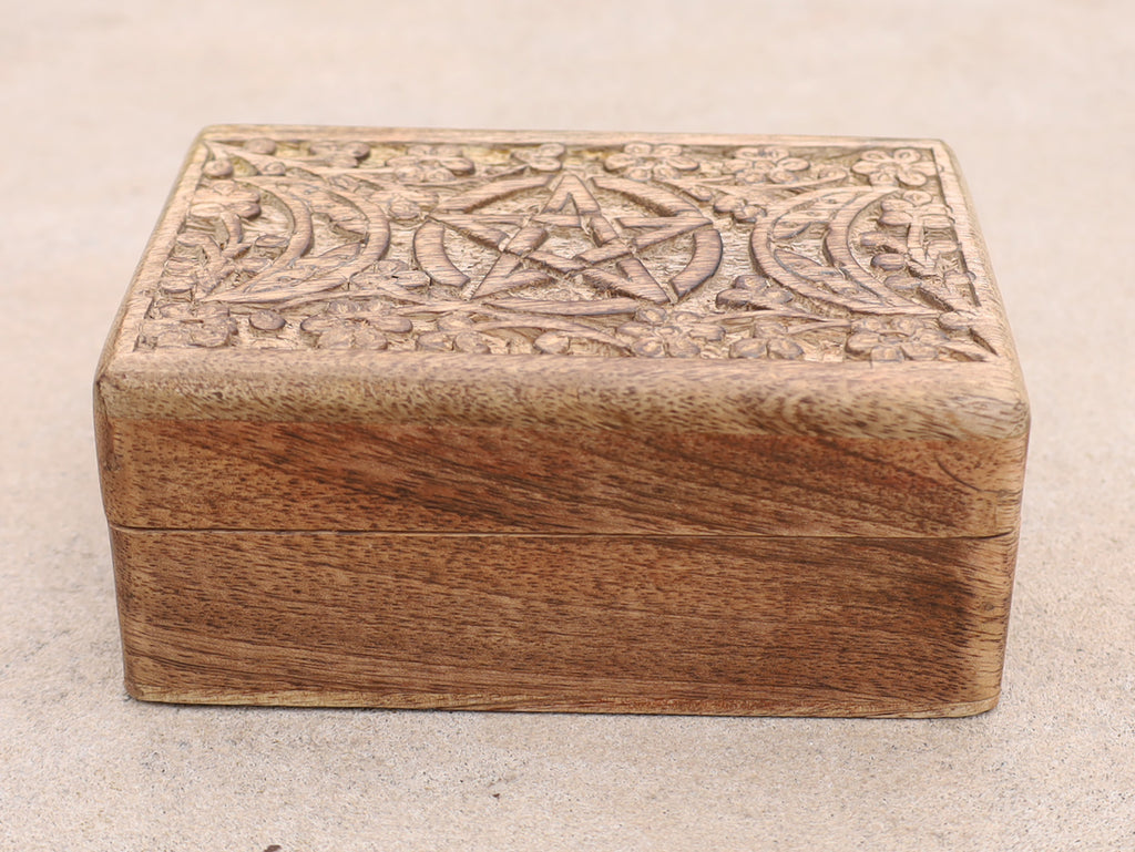 Hand Carved Jewelry Trinket Keepsake Wooden Storage Box Triple Moon - DharmaObjects