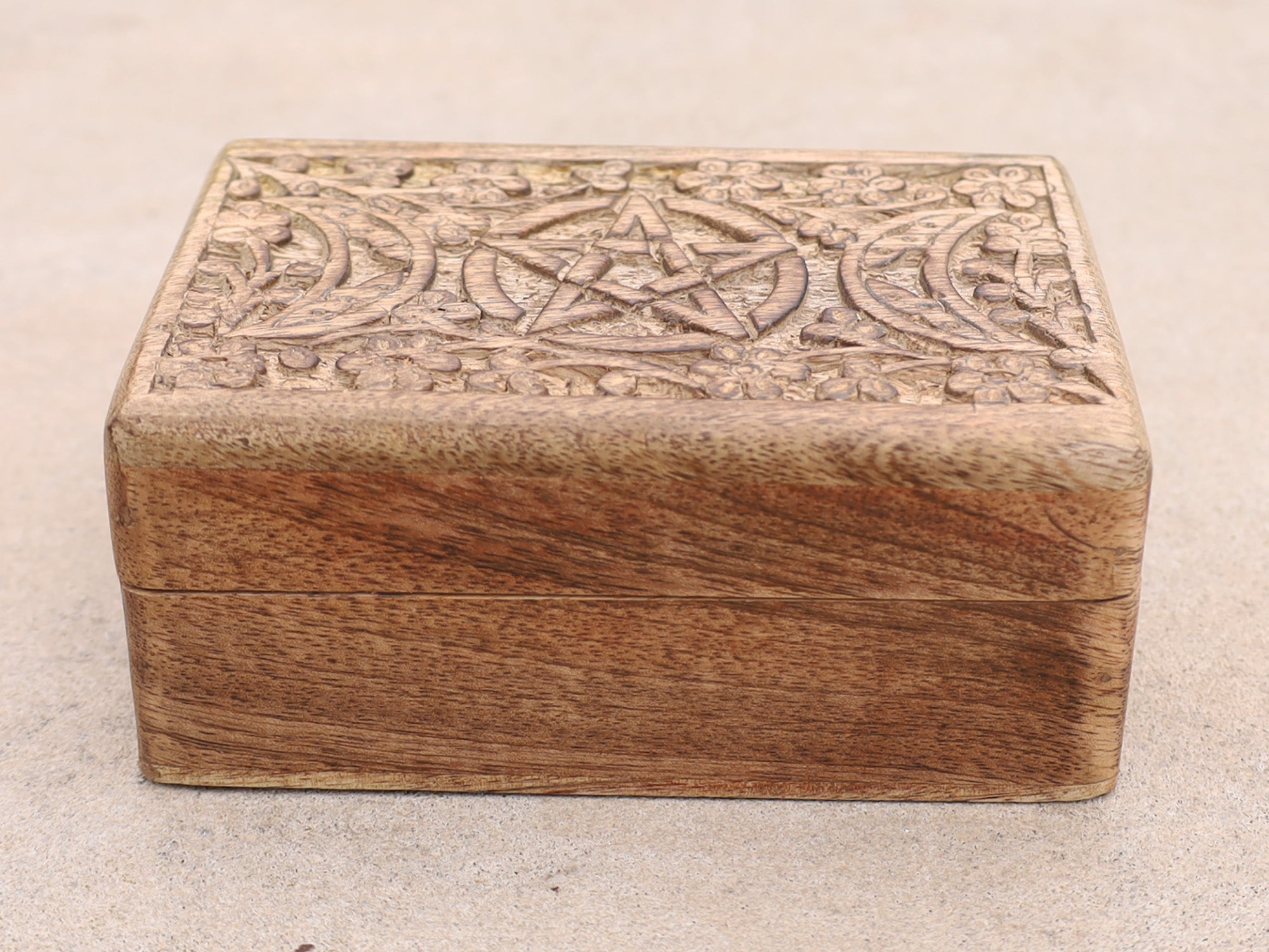 Hand Carved Jewelry Trinket Keepsake Wooden Storage Box Triple Moon - DharmaObjects