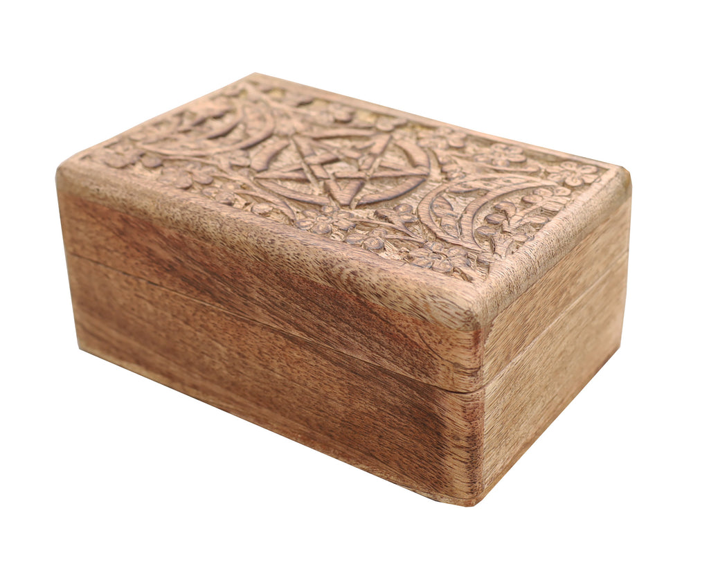 Hand Carved Jewelry Trinket Keepsake Wooden Storage Box Triple Moon - DharmaObjects