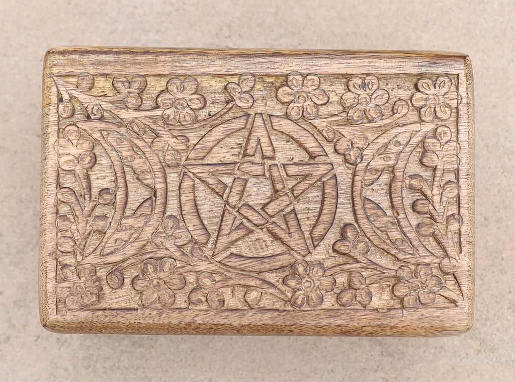 Hand Carved Jewelry Trinket Keepsake Wooden Storage Box Triple Moon - DharmaObjects