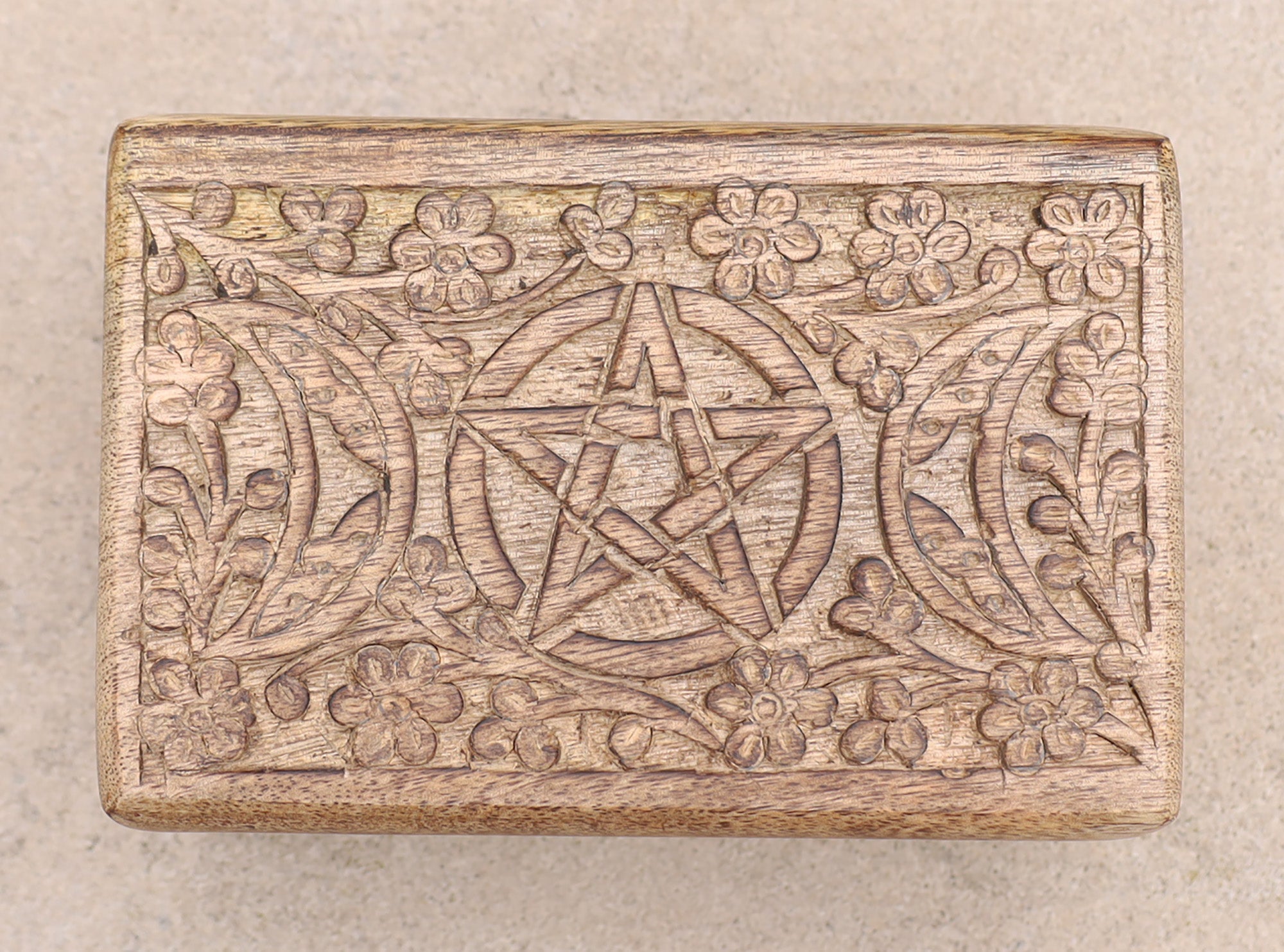 Hand Carved Jewelry Trinket Keepsake Wooden Storage Box Triple Moon - DharmaObjects
