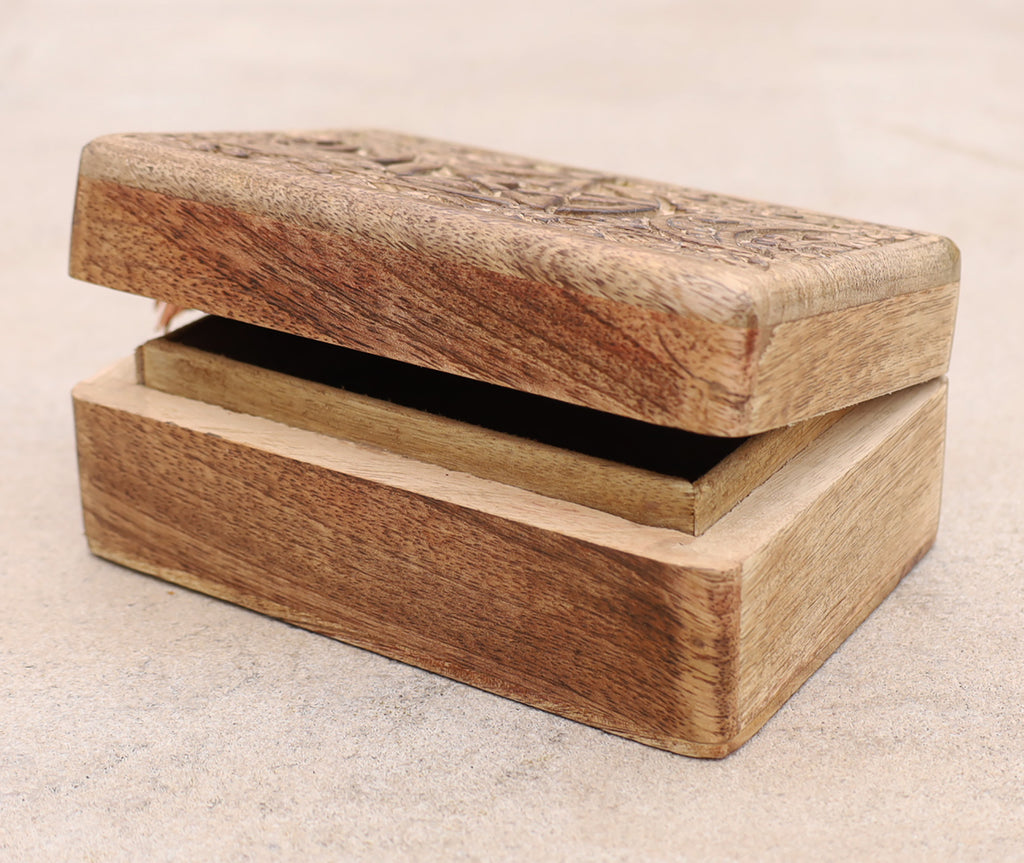 Hand Carved Jewelry Trinket Keepsake Wooden Storage Box Triple Moon - DharmaObjects