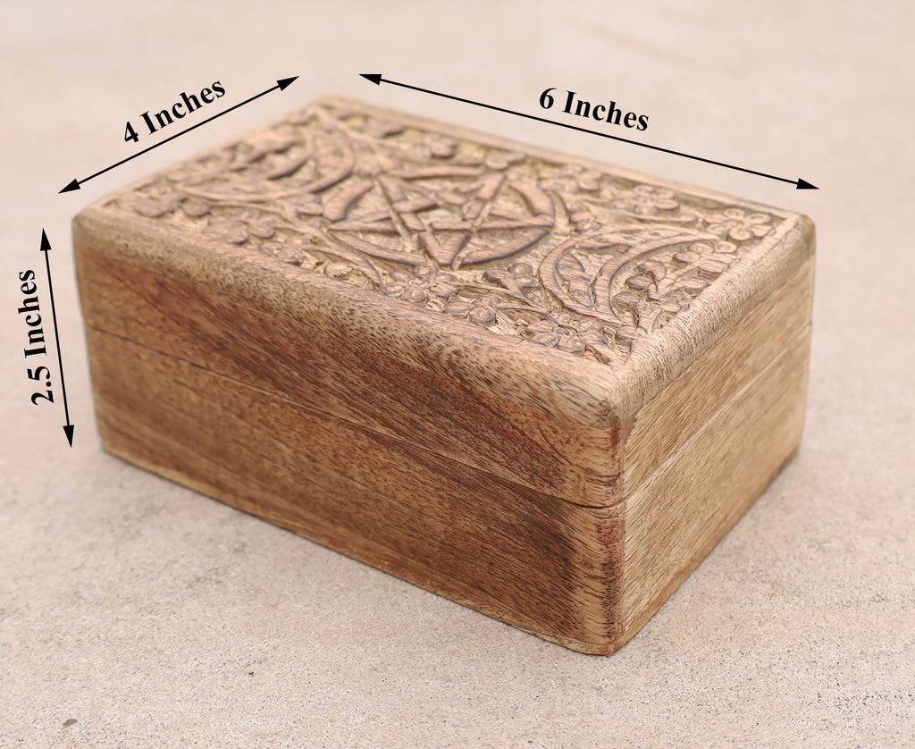 Hand Carved Jewelry Trinket Keepsake Wooden Storage Box Triple Moon - DharmaObjects