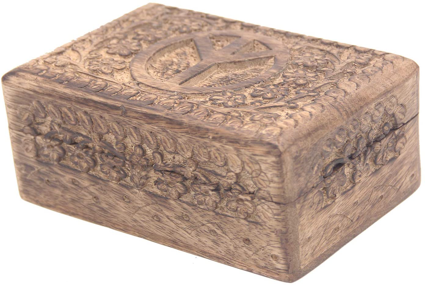 Hand Carved  Peace Sign Jewelry Trinket Keepsake Wooden Storage Box - DharmaObjects