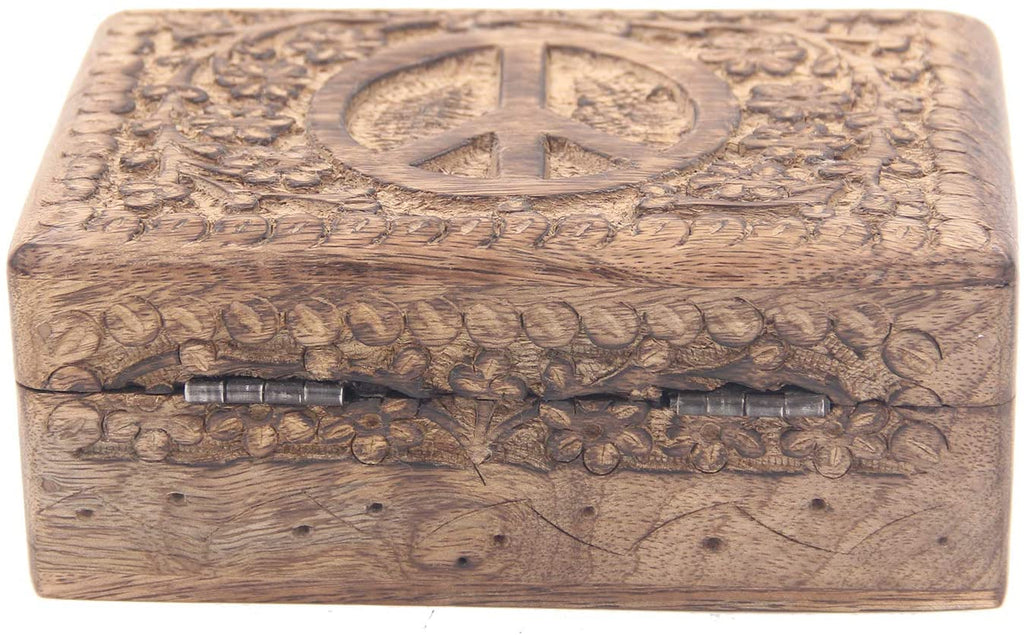 Hand Carved  Peace Sign Jewelry Trinket Keepsake Wooden Storage Box - DharmaObjects