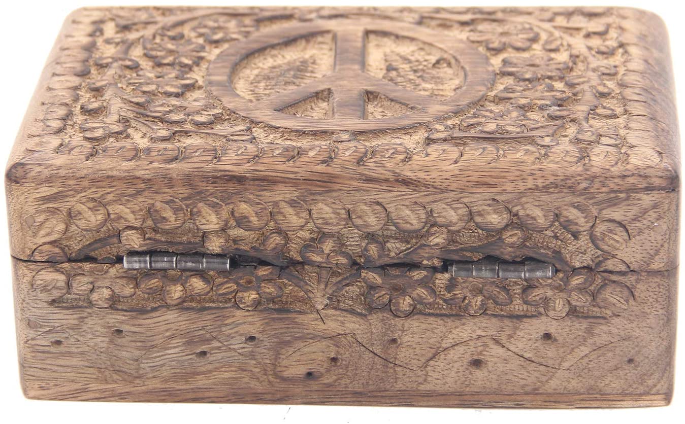 Hand Carved  Peace Sign Jewelry Trinket Keepsake Wooden Storage Box - DharmaObjects