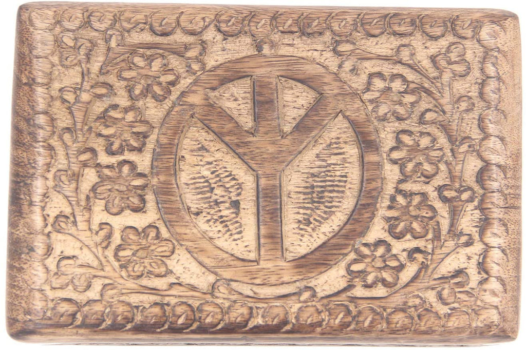 Hand Carved  Peace Sign Jewelry Trinket Keepsake Wooden Storage Box - DharmaObjects