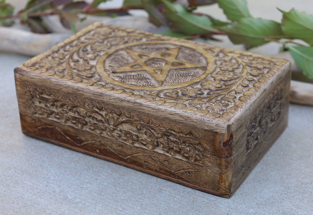 Hand Carved Pentagram Star Wooden Box Keepsake Jewelry Storage - DharmaObjects