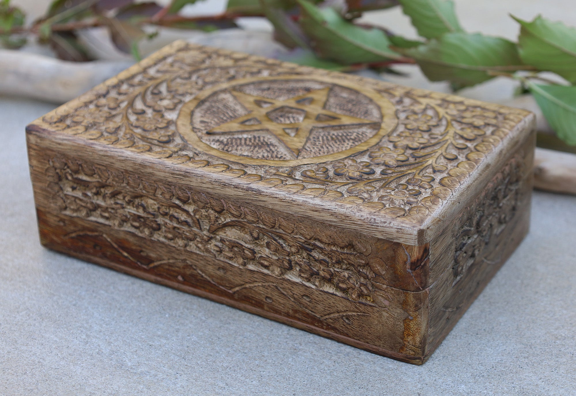 Hand Carved Pentagram Star Wooden Box Keepsake Jewelry Storage - DharmaObjects