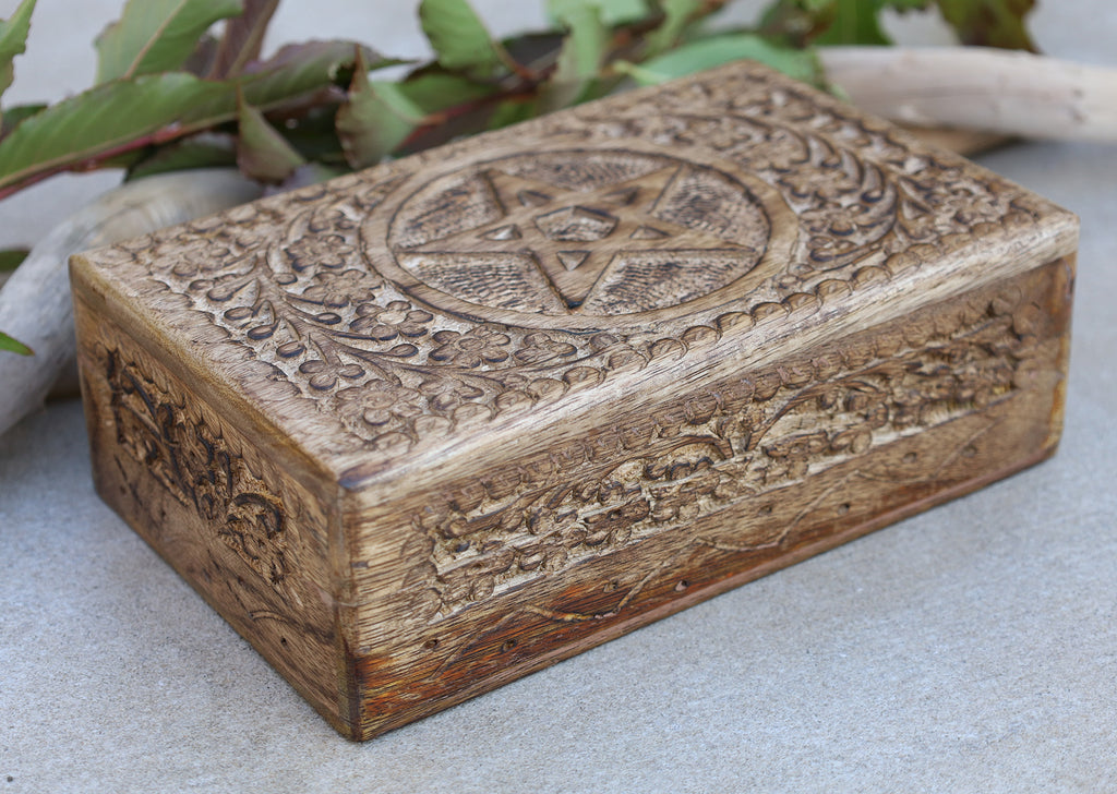 Hand Carved Pentagram Star Wooden Box Keepsake Jewelry Storage - DharmaObjects