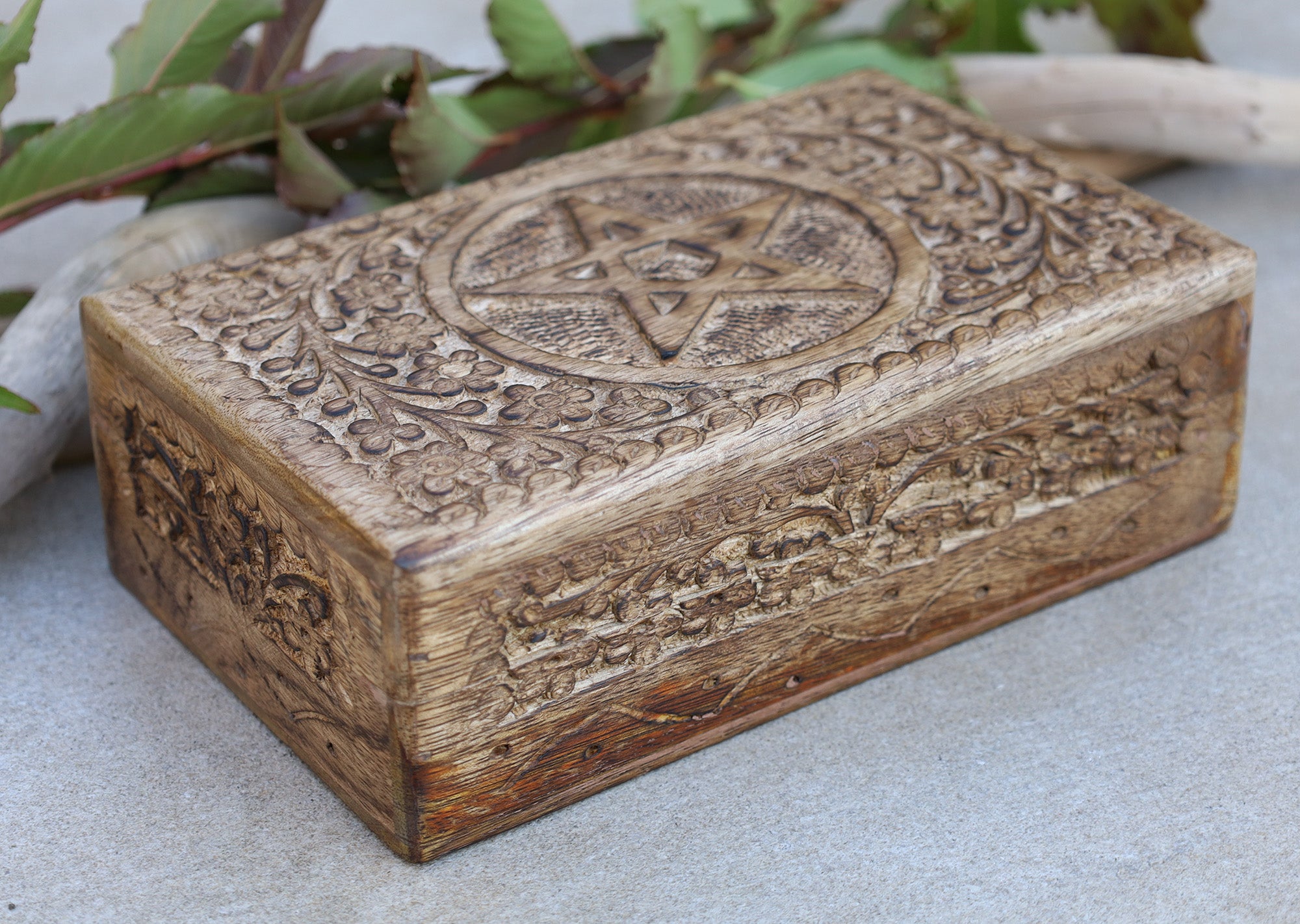 Hand Carved Pentagram Star Wooden Box Keepsake Jewelry Storage - DharmaObjects