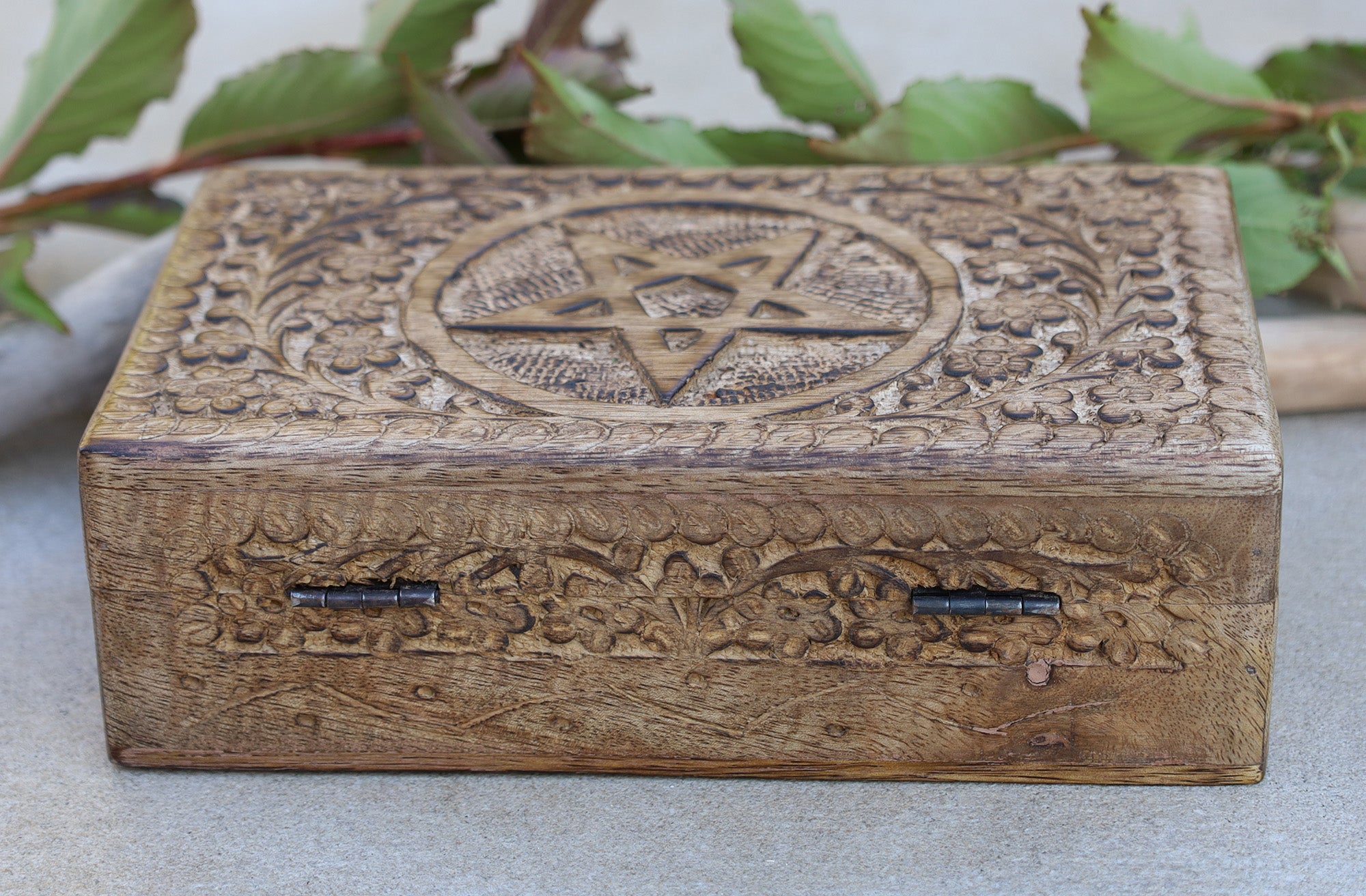 Hand Carved Pentagram Star Wooden Box Keepsake Jewelry Storage - DharmaObjects