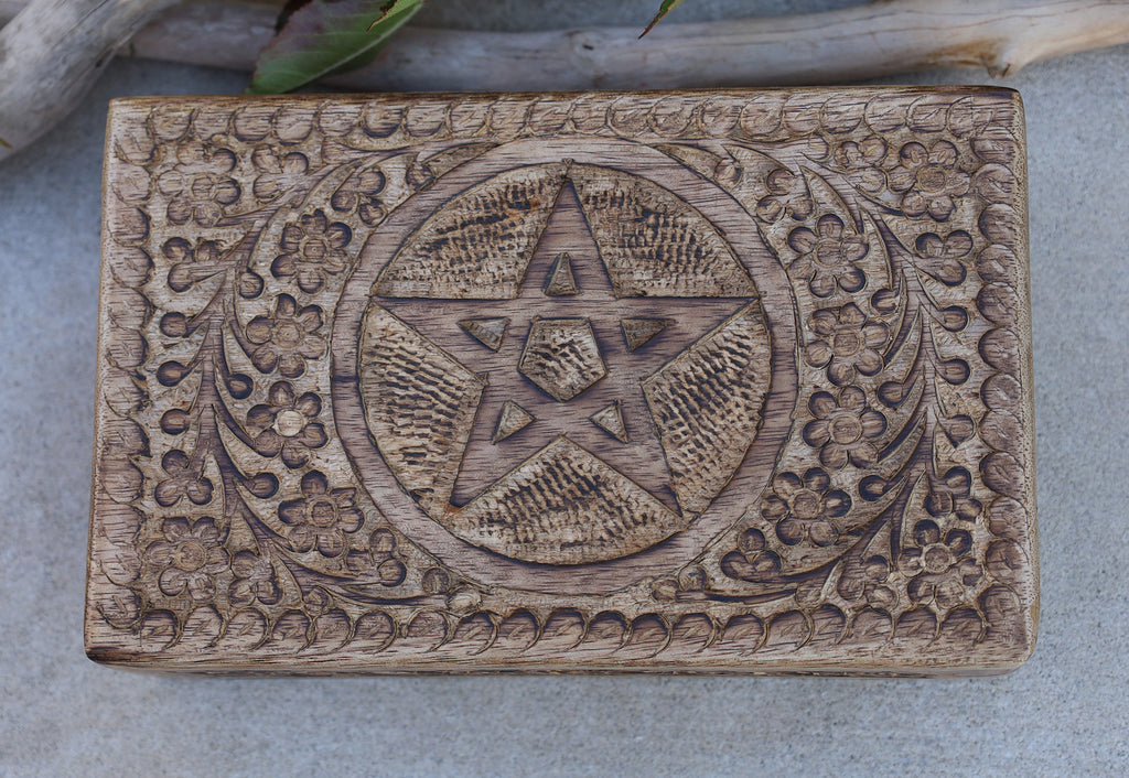 Hand Carved Pentagram Star Wooden Box Keepsake Jewelry Storage - DharmaObjects