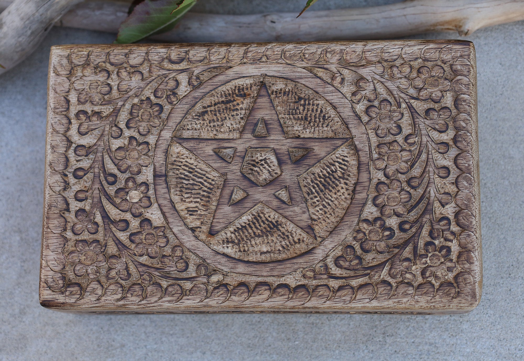 Hand Carved Pentagram Star Wooden Box Keepsake Jewelry Storage - DharmaObjects