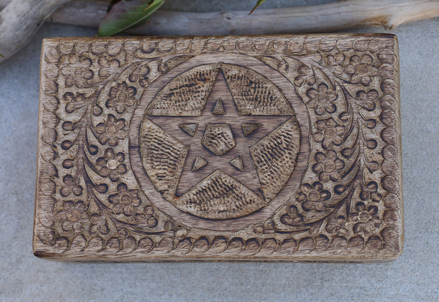 Hand Carved Pentagram Star Wooden Box Keepsake Jewelry Storage