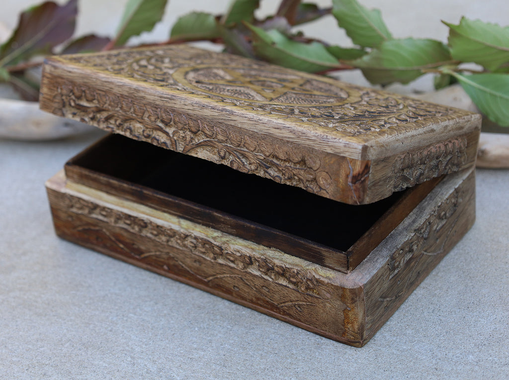 Hand Carved Pentagram Star Wooden Box Keepsake Jewelry Storage - DharmaObjects