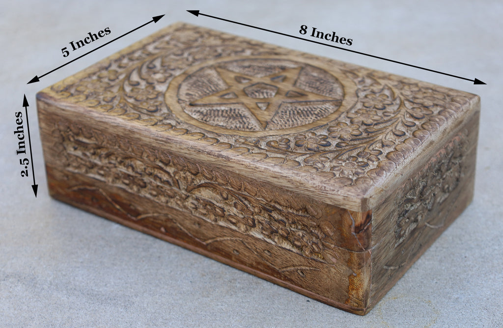 Hand Carved Pentagram Star Wooden Box Keepsake Jewelry Storage - DharmaObjects
